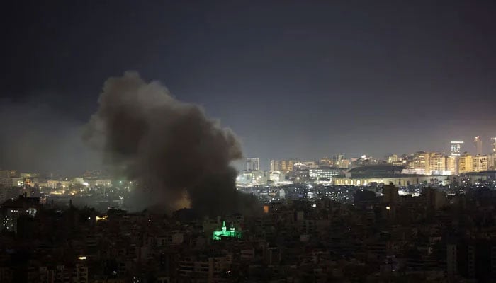 Plumes of smoke rise following Israeli strikes on Beiruts southern suburbs, after an escalation between Hezbollah and Israel, amid the US-Israeli conflict with Iran, as seen from Baabda, March 13, 2026. — Reuters