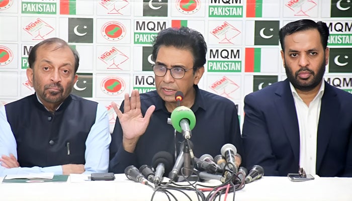 Muttahida Qaumi Movement-Pakistan (MQM-P) Chairman Dr Khalid Maqbool Siddiqui (centre), along with Syed Mustafa Kamal (right) and Dr Farooq Sattar (left), speaks at a press conference at the MQM-P’s Bahadurabad headquarters on March 25, 2026. — Facebook@AllAbout.MQM