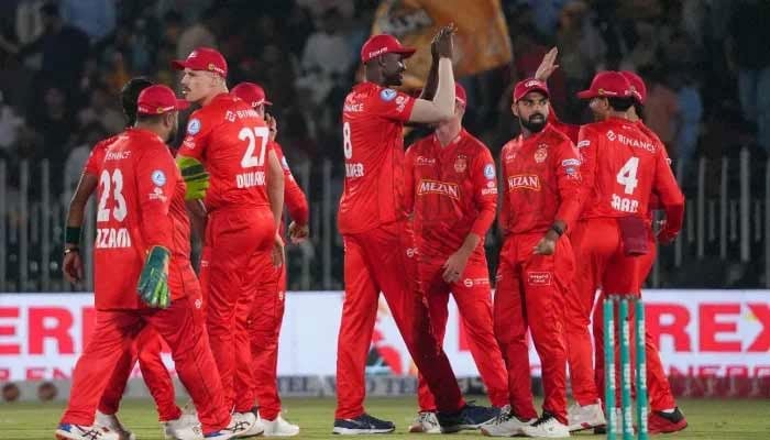 Islamabad United players celebrate during Pakistan Super League (PSL) 10 match against Peshawar Zalmi at the Rawalpindi Cricket Stadium on April 14, 2025. — PCB/File