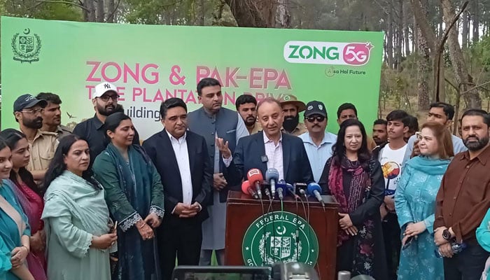 Minister for Climate Change Dr Musadik Masood addresses a spring tree plantation drive at Shakarparian on March 26, 2026.— NNI