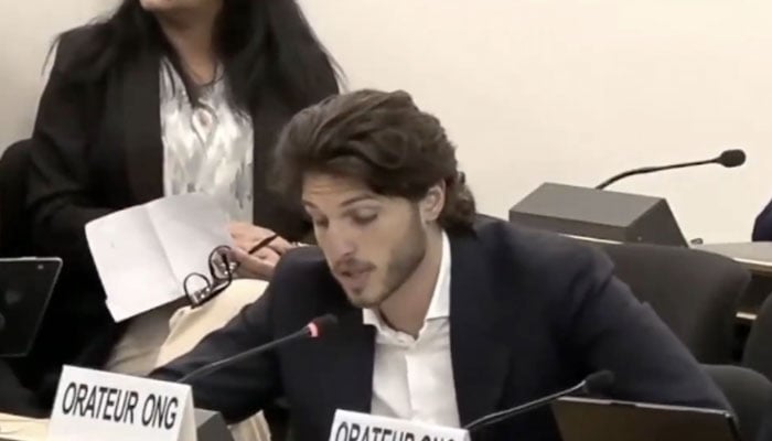 Imran Khan’s son, Kasim Khan, delivering speech at the United Nations Human Rights Council (UNHRC). —Screeegrab via UNHRC