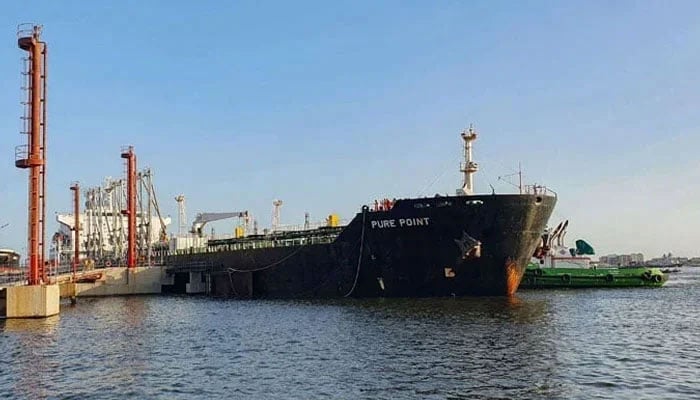 This representational image shows a cargo ship carrying crude oil docked at the Karachi Port Trust (KPT), in a photograph taken on June 11, 2023. — AFP