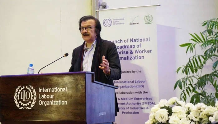 Special Assistant to the Prime Minister on Industries and Production Haroon Akhtar Khan addressing the event. —Facebook@smedapakistan/File