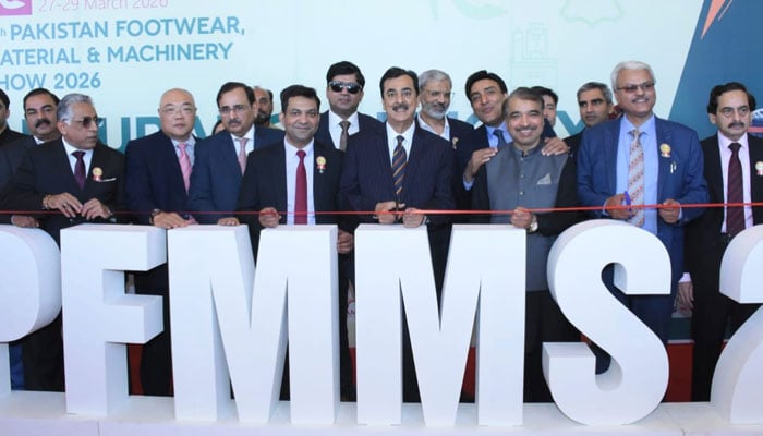 Senate Chairperson Syed Yusuf Raza Gilani inaugurating the 11th Pakistan Footwear Material and Machinery Show (PFMMS) 2026 at the Expo Centre, on March 27, 2026. — PID