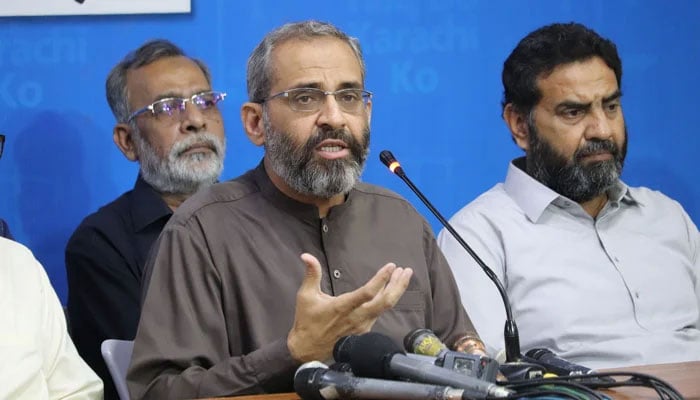 Karachi Jamaat-e-Islami (JI) Emir Monem Zafar Khan addressing a press conference at the Karachi JI headquarters, Idara Noor-e-Haq, on May 14, 2025. — Facebook@Khijamaat