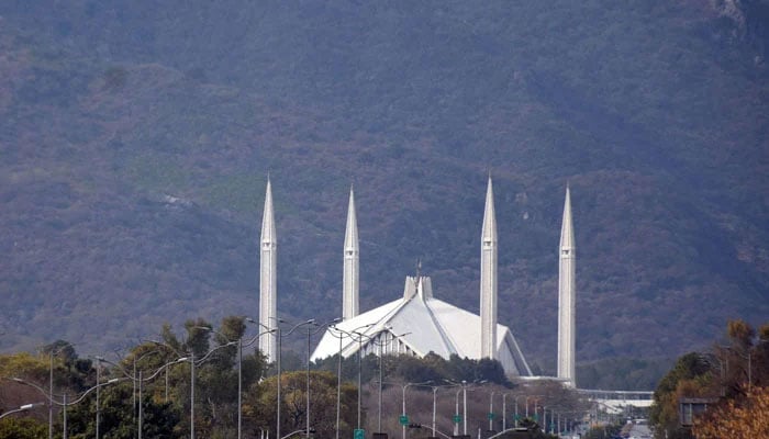 A beautiful view of the Faisal Mosque during pleasant weather in Islamabad on February 8, 2026. — Online
