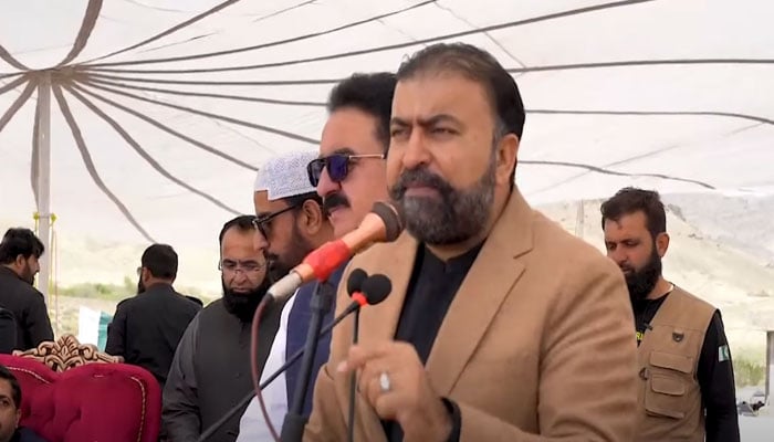 Balochistan Chief Minister Sarfraz Bugti addresses a public gathering on the occasion of granting district status to Barshore on March 27, 2026. — Screengrab via Facebook@CMOBalochistanOfficial