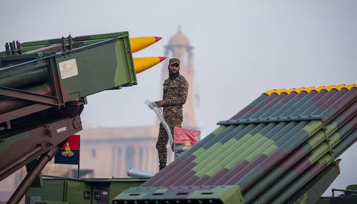 An Indian soldier stands atop an Army combat vehicle during a rehearsal for the upcoming Republic Day parade in New Delhi, India, January 20, 2025. — Reuters