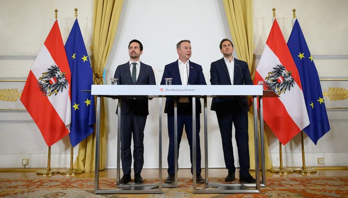 Vice Chancellor Andreas Babler of the Social Democrats, Secretary of State for Digitalization Alexander Proell of the People’s Party and Minister of Education Christoph Wiederkehr of the Neos hold a press conference on plans to ban social media for children under 14 years of age in Vienna, Austria, March 27, 2026. — Reuters