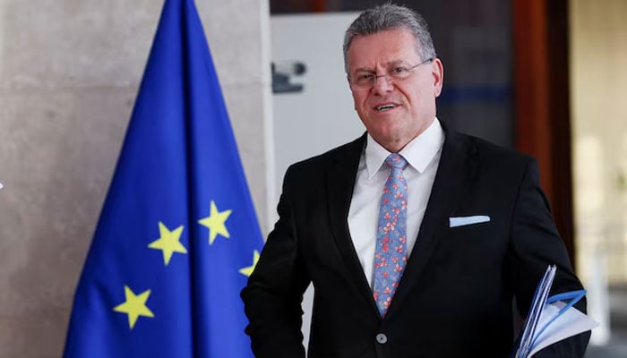 European Commissioner for Trade and Economic Security Maros Sefcovic arrives for the meeting of the college of European Commissioners in Brussels, Belgium February 26, 2026.—Reuters