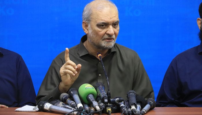 Jamaat-e-Islami (JI) Emir Hafiz Naeem ur Rehman addressing a press conference at the Idara Noor-e-Haq on March 28, 2026. — Facebook@HafizNaeemRehman