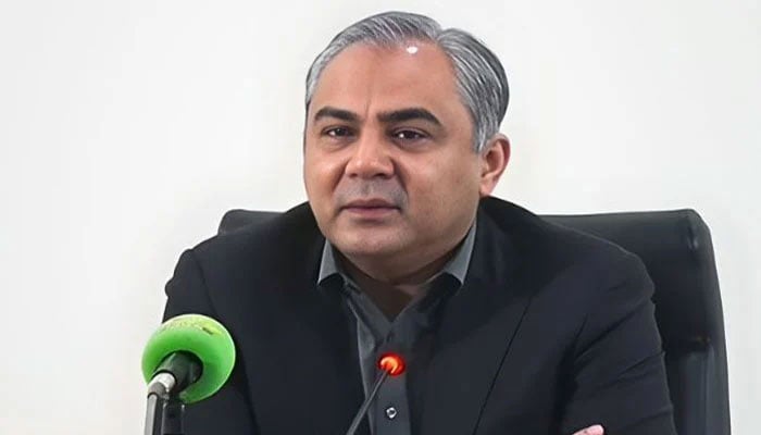 Interior Minister Mohsin Naqvi is addressing a press conference in Islamabad on December 1, 2025. — Screengrab via Geo News