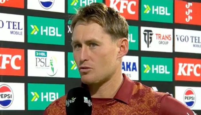 Hyderabad Kingsmen captain Marnus Labuschagne speaks during the post-match presentation after his team’s defeat to Quetta Gladiators in their second Pakistan Super League (PSL) 11 match at Gaddafi Stadium, Lahore, on March 29, 2026. — Screengrab/Livestream