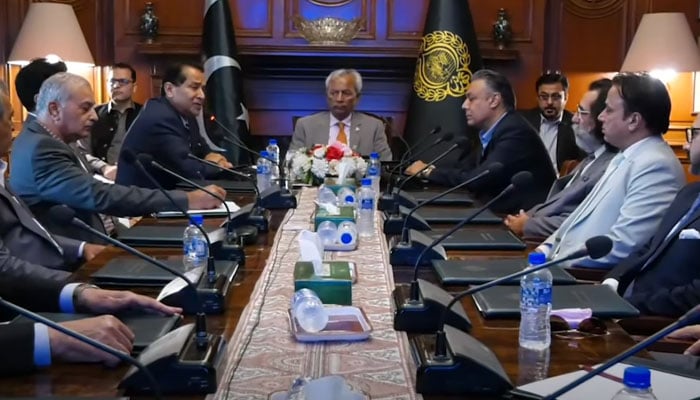 Sindh Governor Syed Muhammad Nehal Hashmi, in a meeting  with an 18-member delegation of leading business figures at the Governors House on March 29, 2026. — Screengrab via Facebook@the.governor.sindh