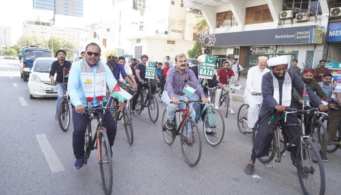 Participants taking part in a bicycle rally organised by the Palestine Foundation in Karachi on the occasion of World Earth Day on March 29, 2026. — Facebook@PalestineFoundationPakistan
