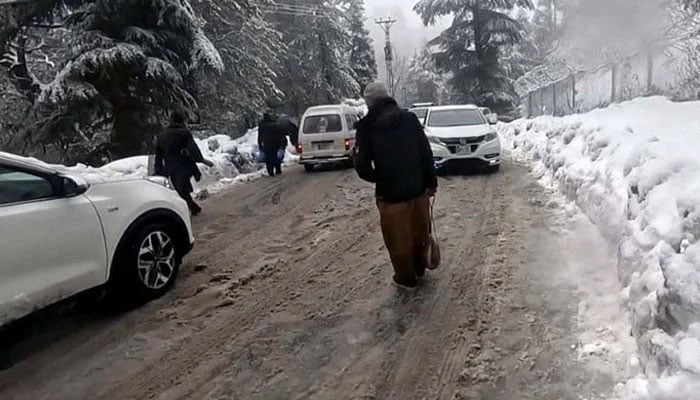 Vehicles can be seen stuck in snow due to heavy snowfall in KP on March 2, 2024. — PPI