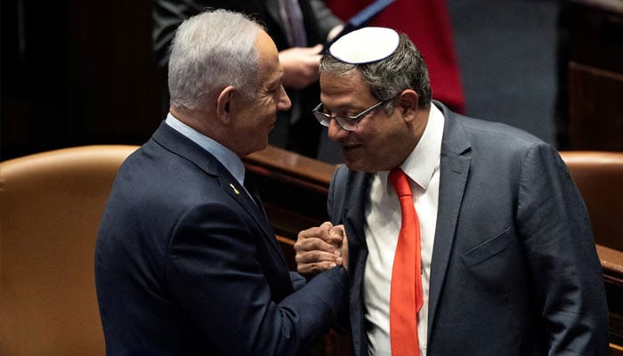 Israel Prime minister Benjamin Netanyahu and Itamar Ben Gvir shake hands as the Israeli government approve Netanyahus proposal to reappoint Itamar Ben-Gvir as minister of National Security, in the Knesset, Israeli parliament in Jerusaelm, March 19, 2025. —Reuters