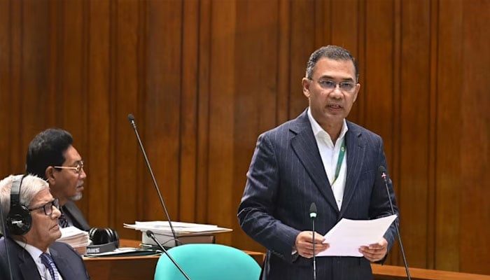 This handout photo released by Bangladeshs Press Information Department on Mar 12, 2026 shows Bangladeshs Prime Minister Tarique Rahman speaking during a parliamentary session in Dhaka. — AFP