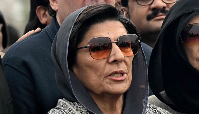 Aleema Khan, PTI founder Imran Khan’s sister, speaks to the media outside the Adiala prison in Rawalpindi on January 17, 2025. — AFP
