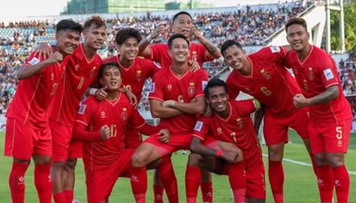Myanmars Than Paing (centre) celebrates scoring their first goal during their AFC Asian Cup Qualifier match against Pakistan at the Thuwanna Stadium in Yangon on June 10, 2025. — Myanmar Football Federation