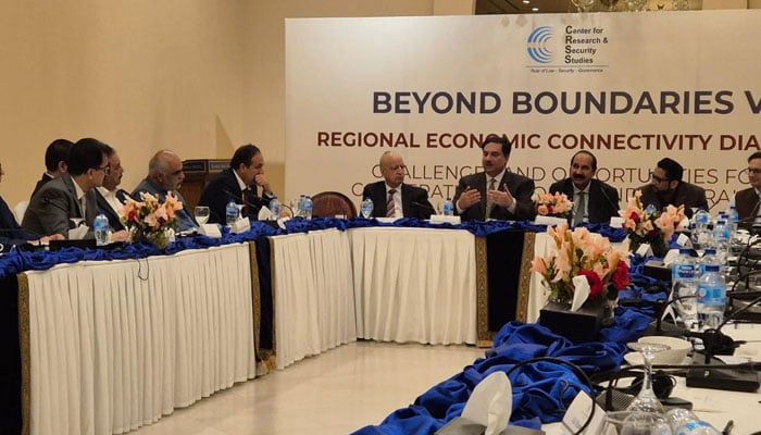 Senior PML-N leader Khurram Dastgir Khan speaking at a discussion at the Centre for Research and Security Studies (CRSS) on March 31, 2026. — Facebook@Kdastgirkhan