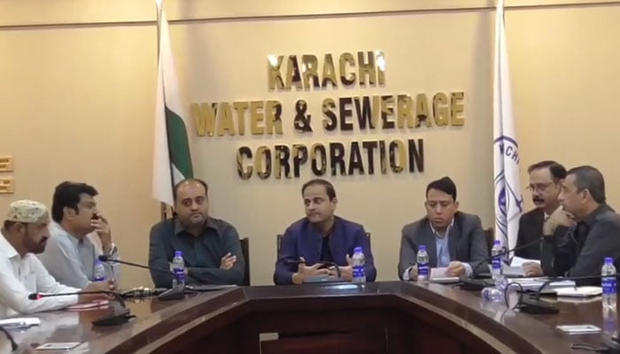 The representational image shows Mayor Karachi and Chairman KWSC Barrister Murtaza Wahab while presiding over a meeting at the Karachi Water and Sewerage Corporation on February 15, 2024. — Facebook/Karachi Water & Sewerage Corporation