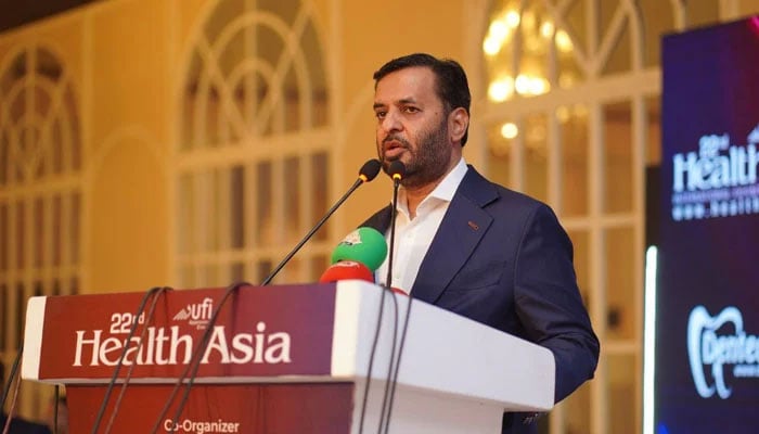Federal Minister for National Health Services, Regulations and Coordination, Syed Mustafa Kamal, addresses the National Health Awards during the 22nd Health Asia International Exhibition and Conference at the PAF Museum Convention Centre Karachi on October 24, 2025. — Facebook@KamalMQM