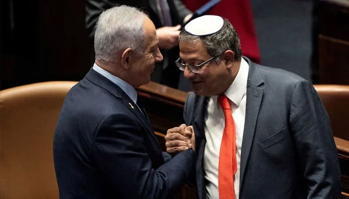 Israel Prime minister Benjamin Netanyahu and Itamar Ben Gvir shake hands as the Israeli government approve Netanyahus proposal to reappoint Itamar Ben-Gvir as minister of National Security, in the Knesset, Israeli parliament in Jerusaelm, March 19, 2025. —Reuters