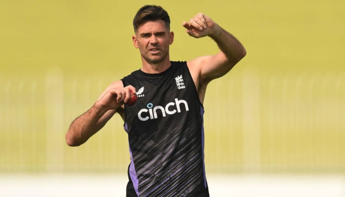 James Anderson of England gestures during a training session before the third Test against Pakistan at Rawalpindi Cricket Stadium on October 22, 2024 in Rawalpindi, Pakistan. —AFP