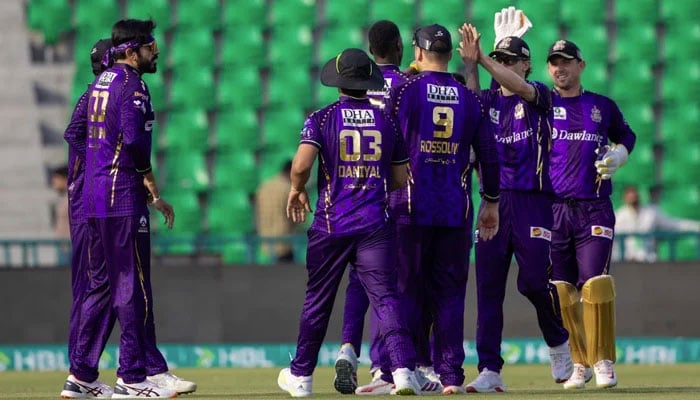 Quetta Gladiators players celebrate a wicket in their Pakistan Super League 11 match against Hyderabad Kingsmen at Gaddafi Stadium, Lahore, on March 29, 2026. — PSL