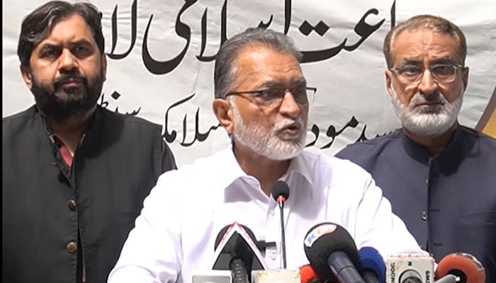 Emir of Jamaat-i-Islami (JI) Lahore Ziauddin Ansari Advocate addressing a press conference on April 1, 2026. — Facebook@ZiaAnsariJIP/Screengrab
