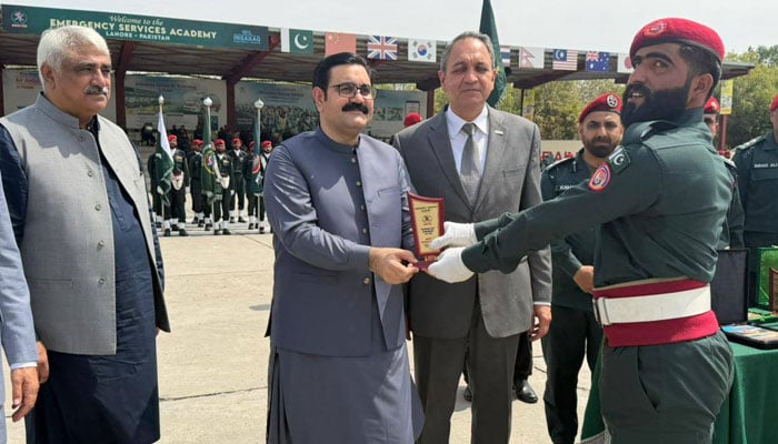 Punjab Health Minister Khawaja Salman Rafique (left) and Balochistan Senior Health Minister Bakht Muhammad Kakar (centre) are seen at the passing out ceremony of the 48th badge at Rescue Emergency Services Academy on April 1, 2026. — Facebook/Bakht Muhammad Kakar