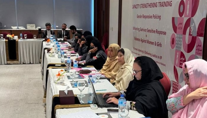 The image shows a glimpse from a one-day training workshop on Gender-Based Violence (GBV) for junior-level police officers/officials in Peshawar on April 1, 2026. — Facebook@dhrkp