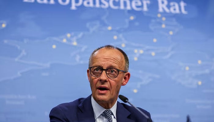 German Chancellor Friedrich Merz speaks during a press conference, on the day of the European Union leaders summit in Brussels, Belgium June 26, 2025. — Reuters