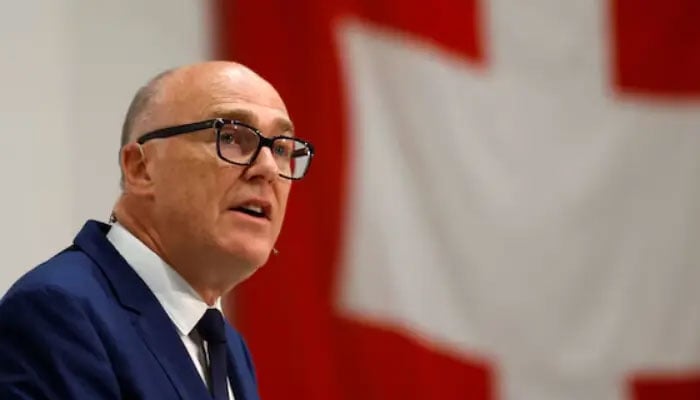 Swiss Federal Councillor Martin Pfister speaks during a press conference as he visits Swiss army troops in Bure, Switzerland, May 26, 2025. — Reuters