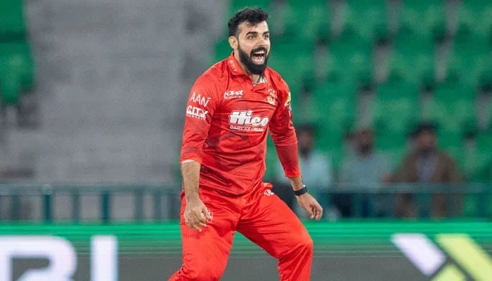 Islamabad Uniteds Shadab Khan celebrates taking a wicket during their PSL 11 match against Multan Sultans at the Gaddafi Stadium in Lahore on March 28, 2026. — PCB