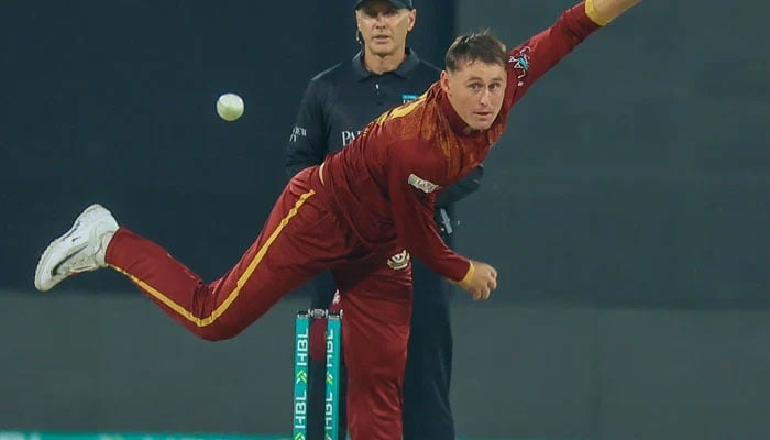 Hyderabad Kingsmens Marnus Labuschagne bowls a delivery during their PSL 11 match against Multan Sultans at the Gaddafi Stadium in Lahore on April 1, 2026. — PCB