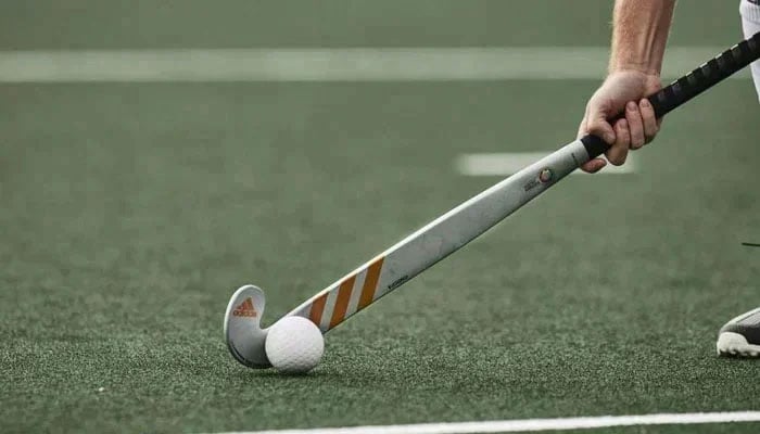 This representational image features a field hockey stick and ball. — APP/File