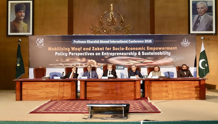 An image from the Professor Khurshid Ahmad International Conference 2026, jointly organised by the IPS and AIOU on April 2, 2026. — Facebook@AIOU.OfficialAccount