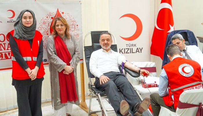 Dr Irfan Neziroglu, ambassador of Türkiye, donates blood during a blood donation drive at the Embassy of the Republic of Türkiye in Islamabad on April 2, 2026. — Facebook@PakistanRedCrescent