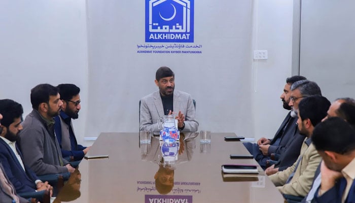 Alkhidmat Foundation Khyber Pakhtunkhwa President Khalid Waqas chairs a meeting on February 18, 2026. — Facebook@Khalidwaqaschamkani