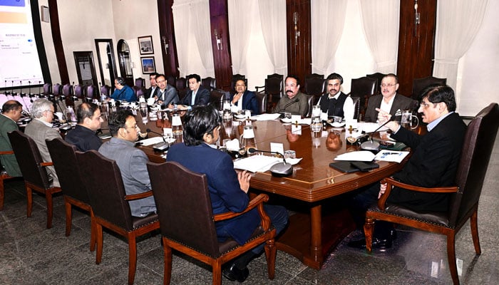 Sindh Chief Minister Syed Murad Ali Shah presides over a meeting at the CM House to review a comprehensive plan for modernising emergency services across Sindh on April 2, 2026. — Facebook@SindhCMHouse