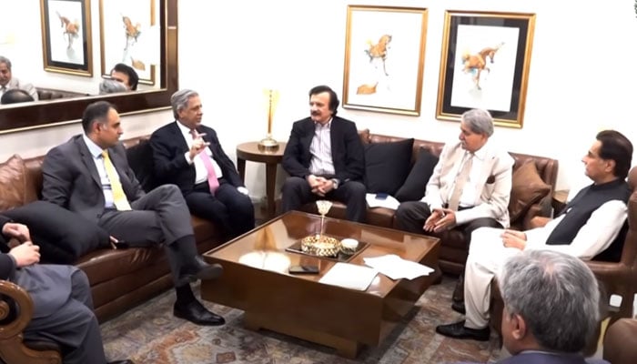National Assembly Speaker Sardar Ayaz Sadiq, in a meeting with Federal Minister for Law and Justice Azam Nazeer Tarar, Minister of State for Finance Bilal Azhar Kayani, Special Assistant to the Prime Minister on Industries and Production Haroon Akhtar Khan, and MNA Syed Naveed Qamar on April 2, 2026. — Screengrab via Facebook@NationalAssemblyOfPakistan