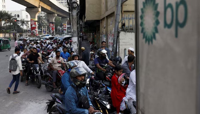 Vehicles queue at a fuel station, as concerns grow over fuel supplies following US-Israel conflict with Iran, in Dhaka, Bangladesh, March 6, 2026. — Reuters