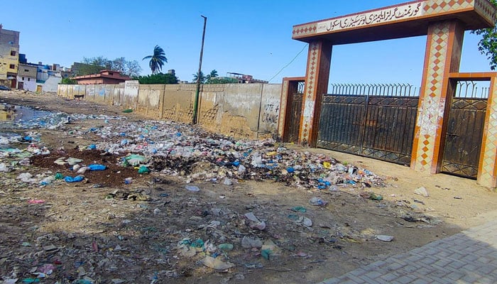 A view of garbage spread near New Karachi Lal School on March 27, 2026. —  INP