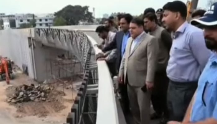 Commissioner Rawalpindi Division, Engr Amir Khattak, visits the Kutcheri Chowk remodelling project along with officials of the Frontier Works Organisation (FWO) on April 3, 2026. — Screengrab via Facebook@commissionerRwp