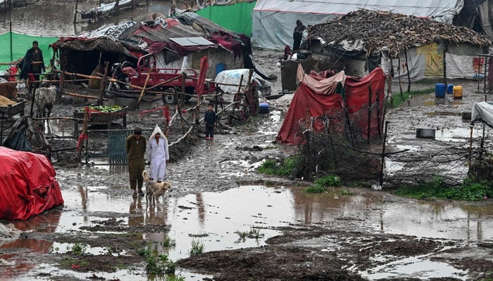People walk through a pool of water near makeshift shelters after heavy rainfall in Peshawar on April 3, 2026. — AFP