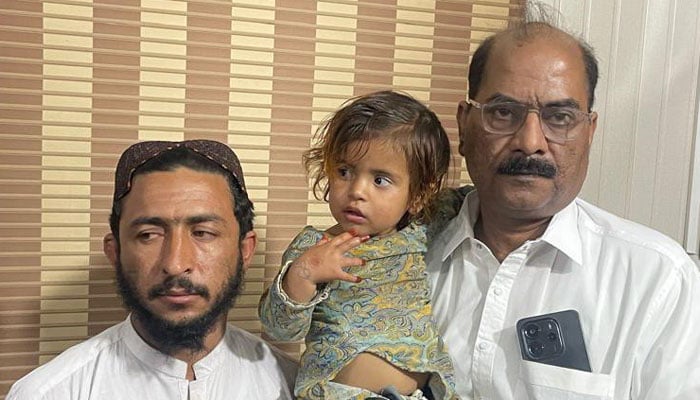 A three-year-old girl, Nazia, daughter of Muhammad Allah Khan, is seen in this image on April 3, 2026. —Facebook@KarachiPoliceOfficial