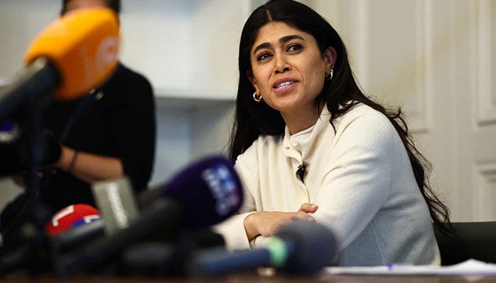 Member of the European Parliament, Rima Hassan of the French far-left opposition party La France Insoumise (France Unbowed - LFI) attends a press conference on the day of a hearing at the Paris judicial police offices, in Paris, France, April 3, 2026. — Reuters