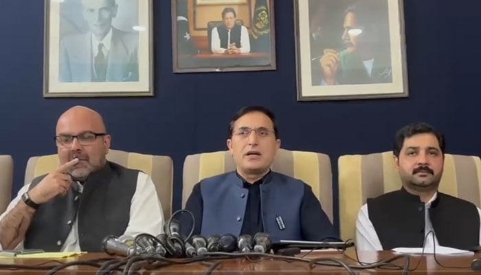 PTI Chairman Barrister Gohar Ali Khan addressing a press conference on April 3, 2026. — X@PTIofficial